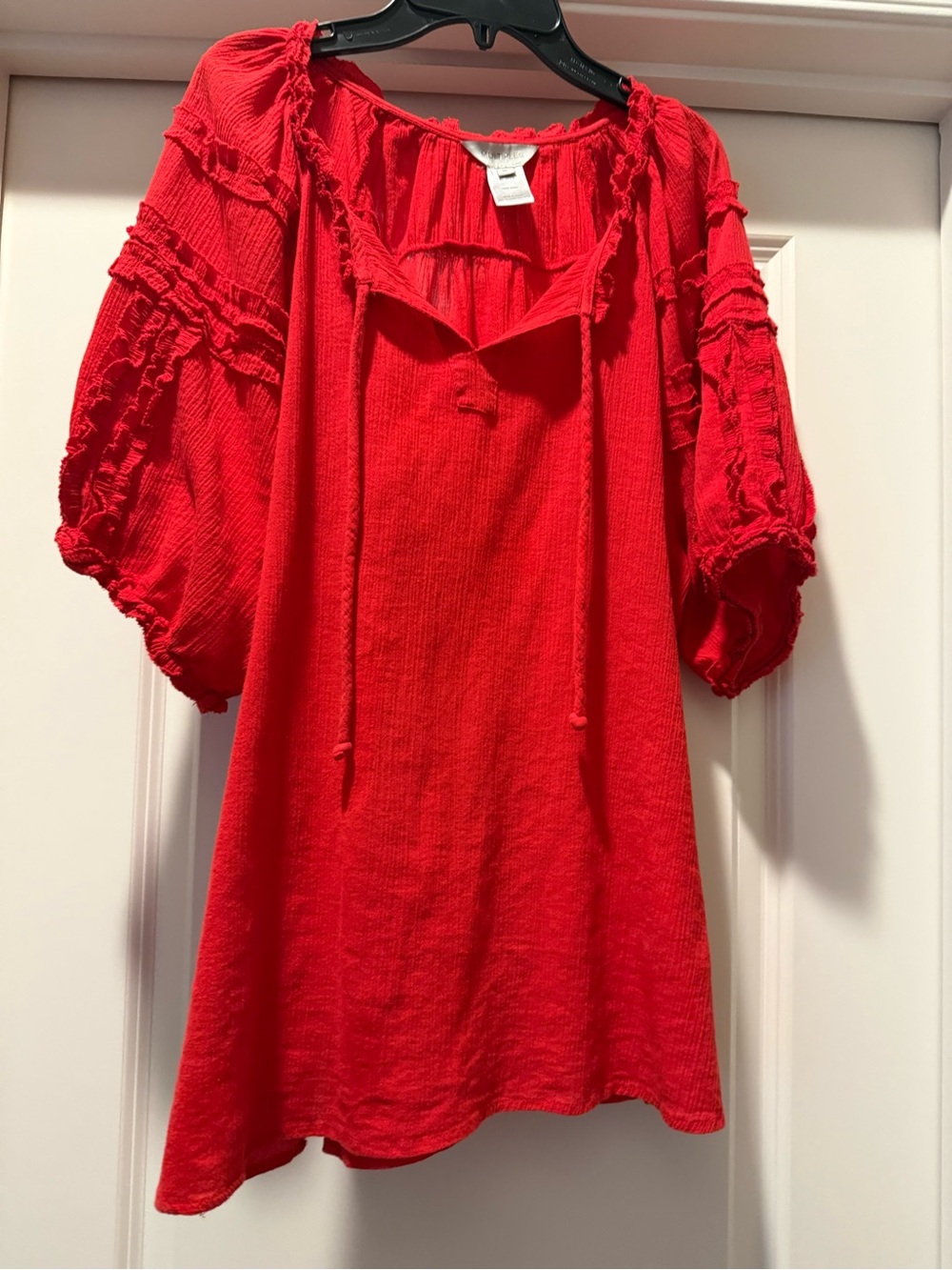 Multiples Red Peasant Blouse Top with Tie Neck